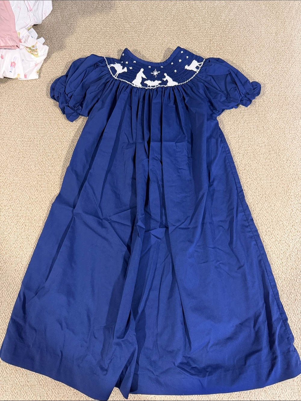 Girls' Royal Blue Smocked Dress with White Nativity Embroidery